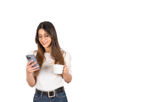 portrait of young girl using smartphone for online shopping Portrait of smiling woman using phone