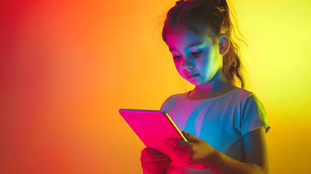 Photo portrait of young girl using tablet isolated over gradient yellow red background in generative ai