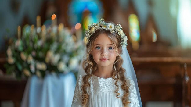 Portrait of a Young Girl in White Dress and Floral Crown