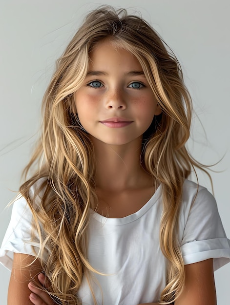 자연광 속에서 금발 머리와 파란 눈을 가진 어린 소녀의 초상화, 평화롭고 청순한 표현 AI