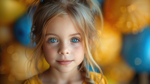 Portrait of a young girl with blue eyes and freckles braided hair with balloons in the background