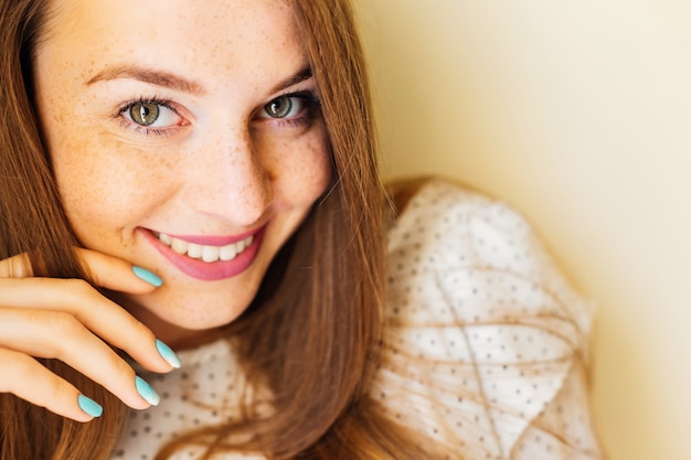 Portrait  young girl with perfect clean freckled skin