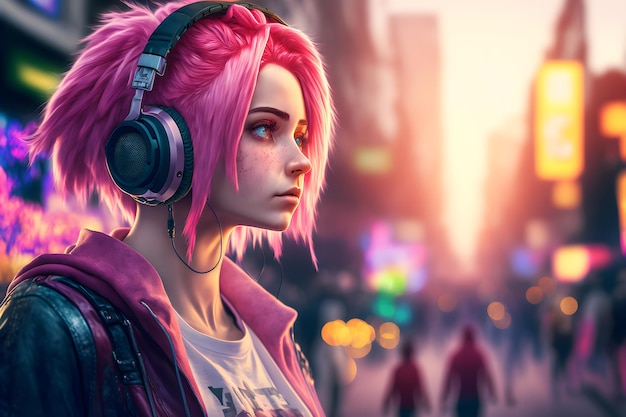 Portrait of young girl with pink hair listening music with headphones on city street Neural network generated art