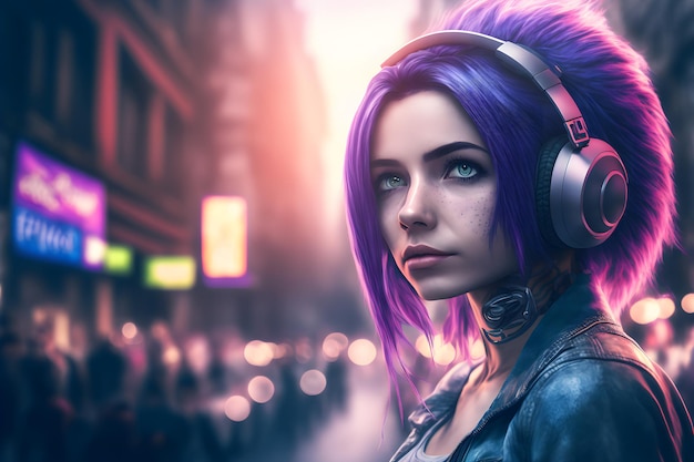 Portrait of young girl with purple hair listening music with headphones on city street Neural network generated art