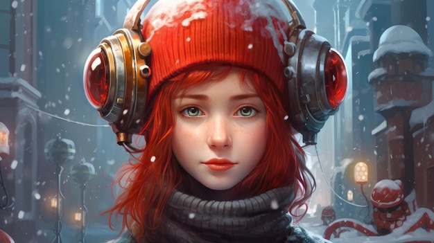 Portrait of a young girl with red hair in an astronaut helmet New Year's and Christmas AI generated