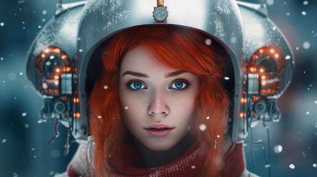 Portrait of a young girl with red hair in an astronaut helmet new years and christmas ai generated