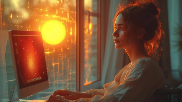 Foto ritratto di una giovane ragazza che lavora a casa davanti a un computer vicino alla finestra al tramonto il concetto di un freelance