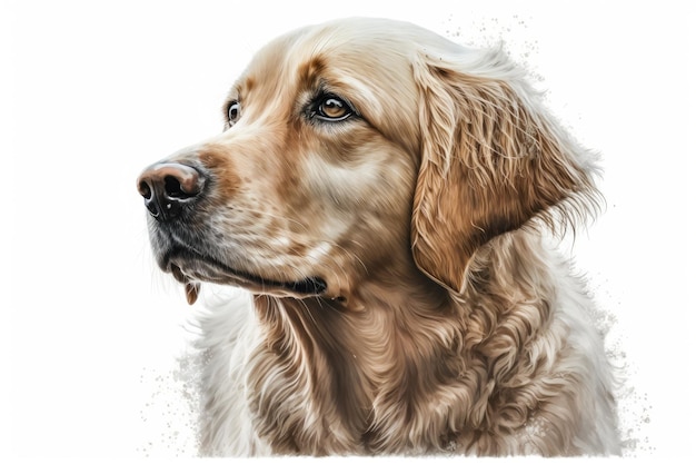 A portrait of a young Golden Retriever on white