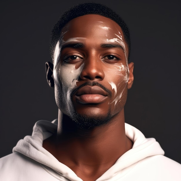 Portrait of a young handsome AfroAmerican man applying white cream powder cosmetic product on his