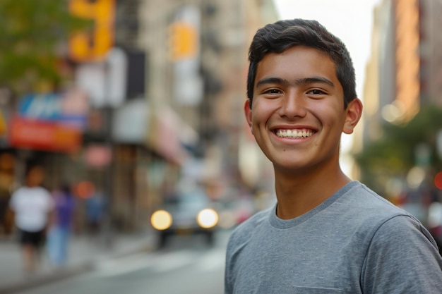 Photo portrait of young handsome asian man smiling in new york city