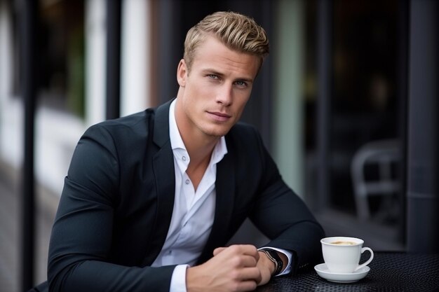 Portrait of young handsome blond businessman relaxing at the coffee shop outdoors