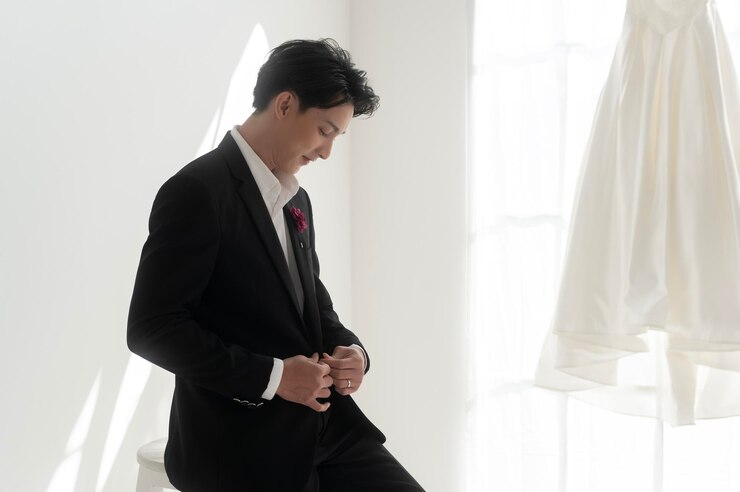 Photo 결혼식 을 준비 하고 있는 젊은 잘생긴 신랑 의 초상화
