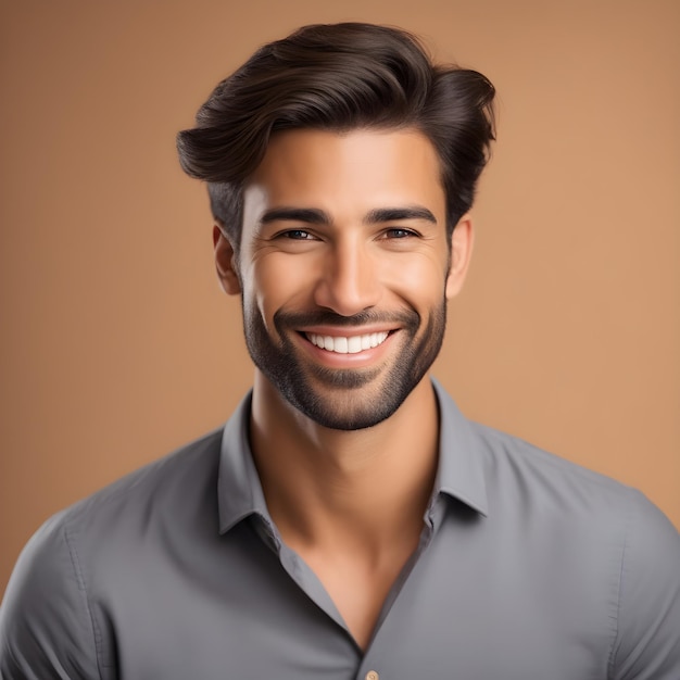 Portrait of young handsome happy smiling man over brown background