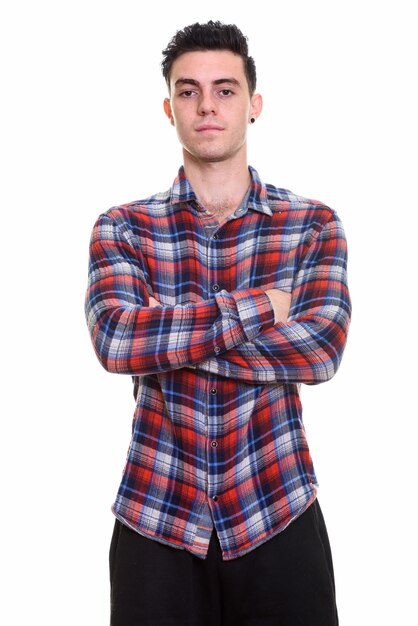 Photo portrait of young handsome hipster man with arms crossed