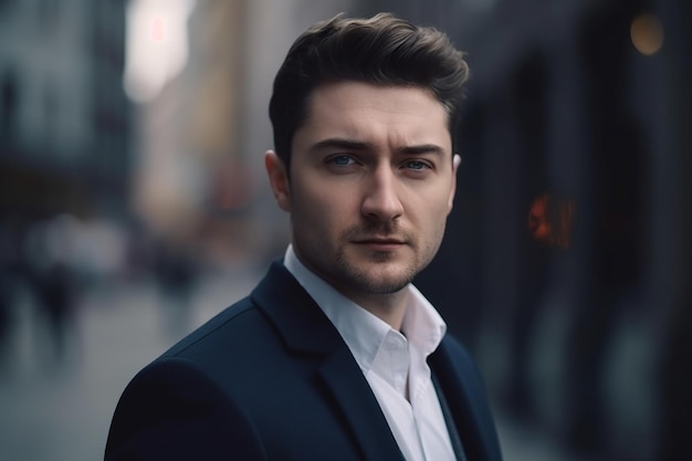 Portrait of a young handsome man in a business suit in the city Generative AI