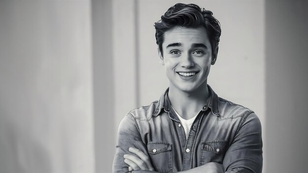 Portrait of young handsome man in jean shirt smiling with crossed arms