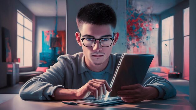 タブレットコンピュータでタイピングしてインターネットをサーフィンしている若いハンサムな男性の肖像画