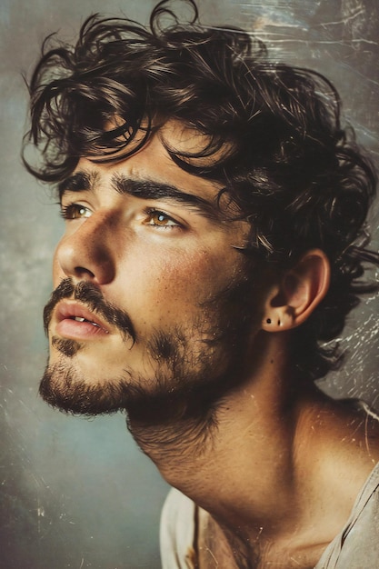 Photo portrait of a young handsome man with wet hair and beard