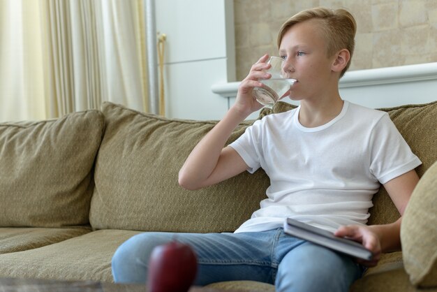 Photo portrait of young handsome scandinavian boy with blond hair in the living room at home