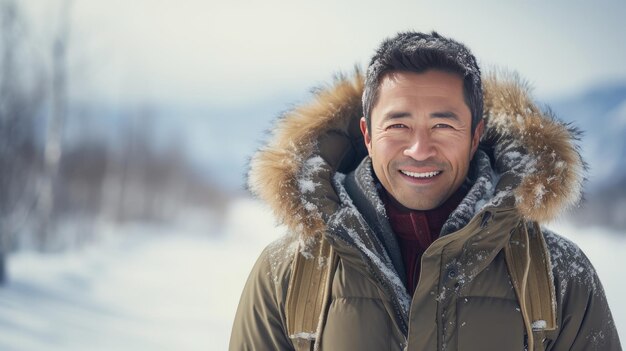 冬の雪の背景にジャケットを着た若いハンサムで笑顔のアジア人の肖像画