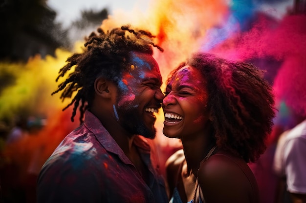 portrait of young happy african loving couple smiles colorful powder of Holi festival in India