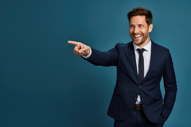 Portrait of a young and happy businessman in a studio with blue background