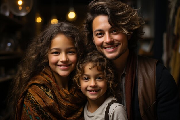 Photo portrait of young happy family in a studio