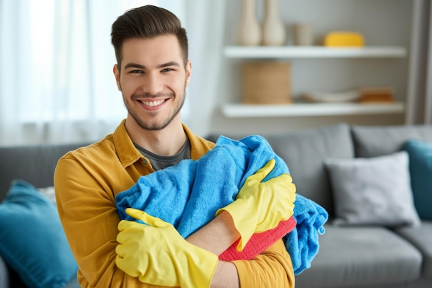 Photo portrait of a young happy smiling man wearing rubber gloves with cleaning tools and rags standing in the living room and looking cheerful at camera