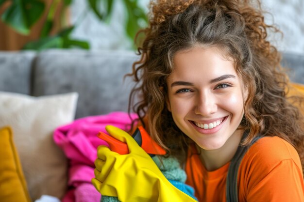 Foto ritratto di una giovane donna felice e sorridente casalinga che indossa guanti di gomma con attrezzi da pulizia e stracci in piedi nel soggiorno e che sembra allegra alla telecamera lavori domestici o faccende a casa