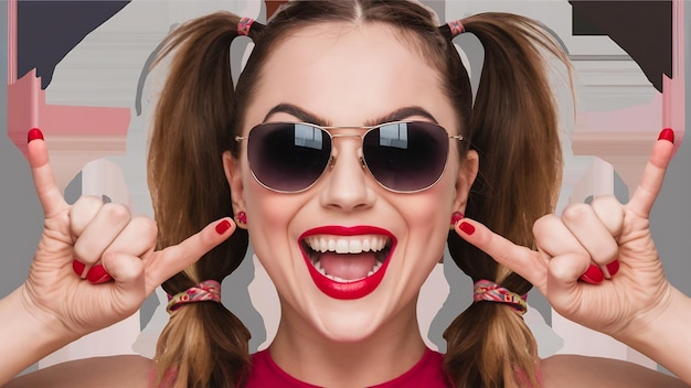 Portrait of young happy smiling woman model with bright makeup and colorful lips with two pigtails