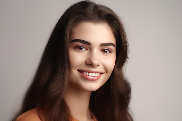 Portrait of young happy woman looks in camera Skin care