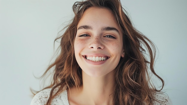 portrait of young happy woman looks in camera