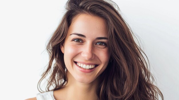 Photo portrait of young happy woman looks in camera