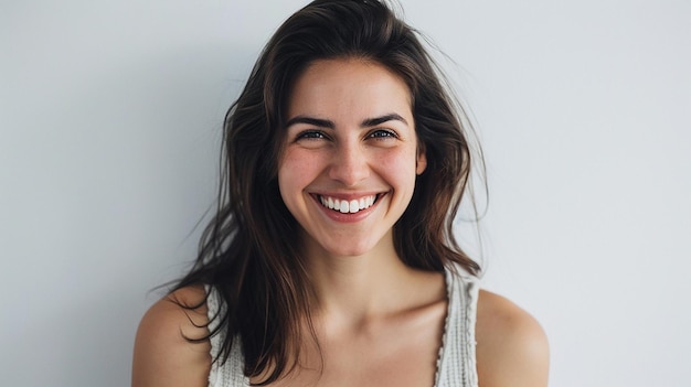 portrait of young happy woman looks in camera