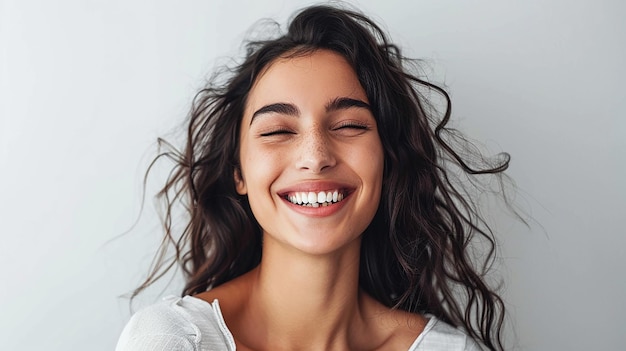 portrait of young happy woman looks in camera