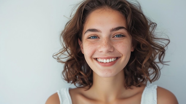 portrait of young happy woman looks in camera