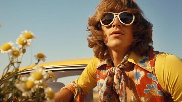 portrait of young hippie man in sunglasses sitting in retro car with camomiles