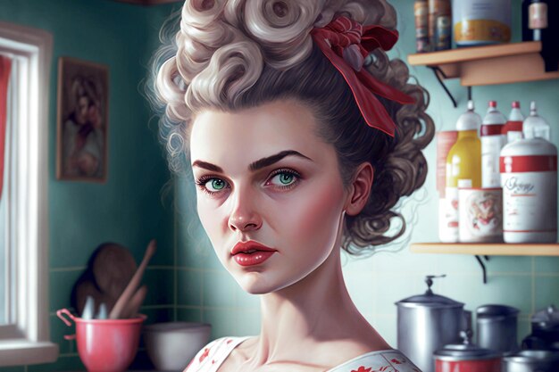 Photo portrait of a young housewife in the kitchen