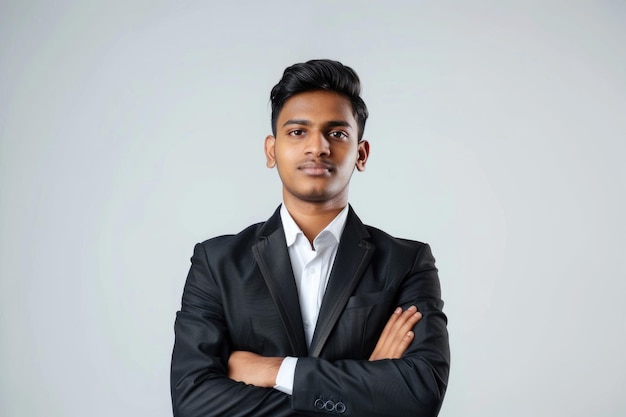 Portrait of young indian businessman with crossed arms on white isolated background