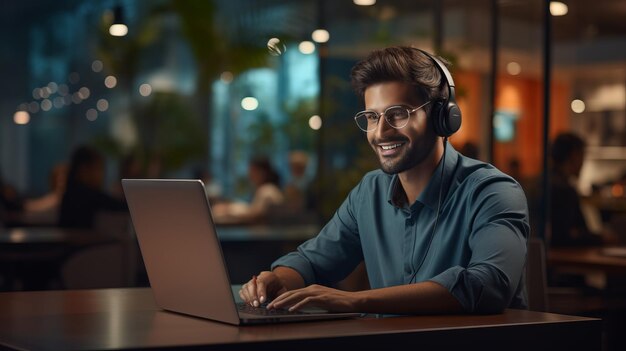 Portrait of young Indian call center operator man doing his job with a headset