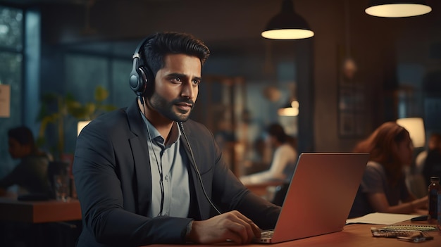 Portrait of young Indian call center operator man doing his job with a headset