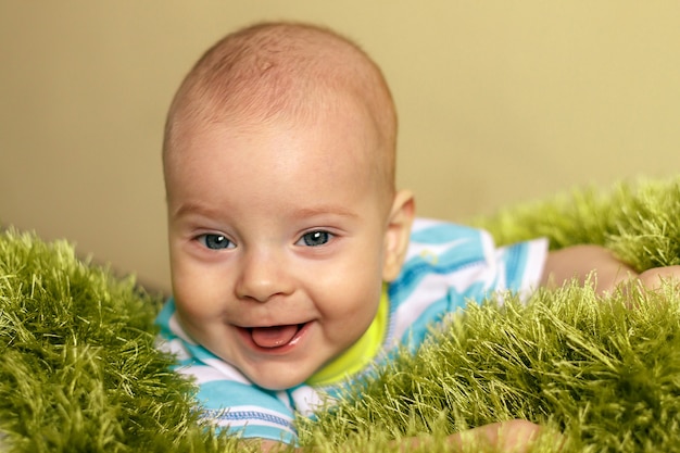 젊은 무고한 웃는 아기의 초상화입니다. 작은 소년은 잔디처럼 니트 녹색 격자 무늬에 놓여 있습니다.
