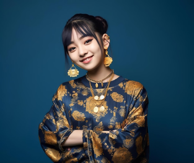 Portrait Young Japanese Woman with a happy smile and attractive batik style outfit