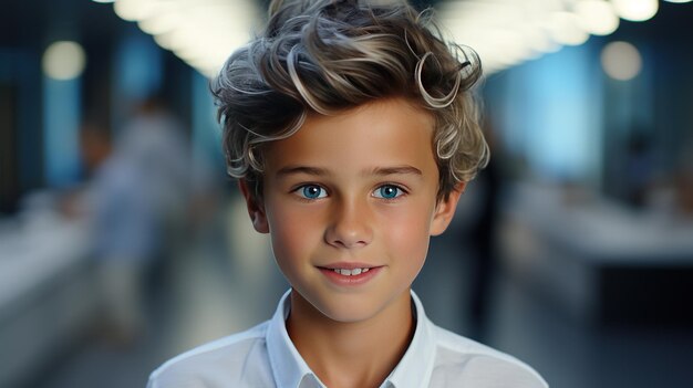 Photo portrait of a young kid with blond hair and blue eyes caucasian boy smiling into camera cute boy