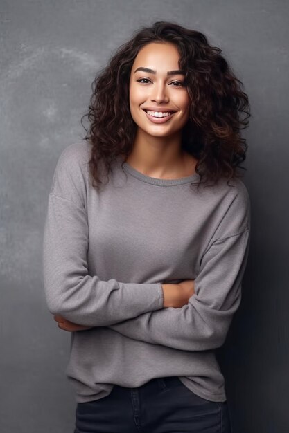 Photo portrait of a young latin woman with pleasant smile and crossed arms isolated on grey wall