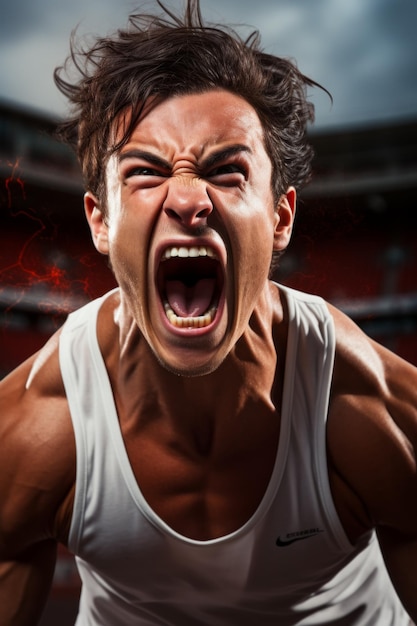 Photo portrait of a young male athlete screaming in determination and power