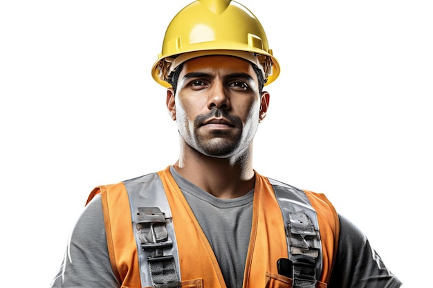 Photo portrait of a young male construction worker on a white background