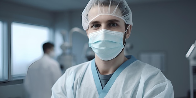 Foto ritratto di un giovane medico di sesso maschile in una maschera medica in sala operatoria il medico guarda alla telecamera l'importanza di prendersi cura della salute generata dall'ia