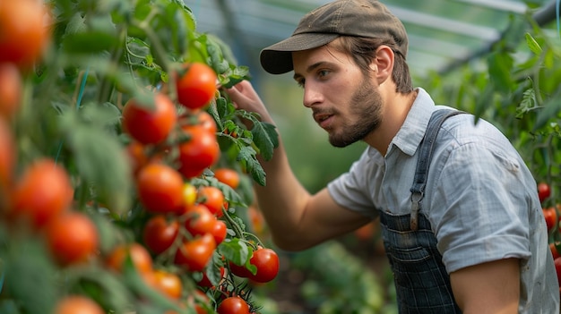 Portrait of a young male farmer checking tomatoes in a greenhouse
