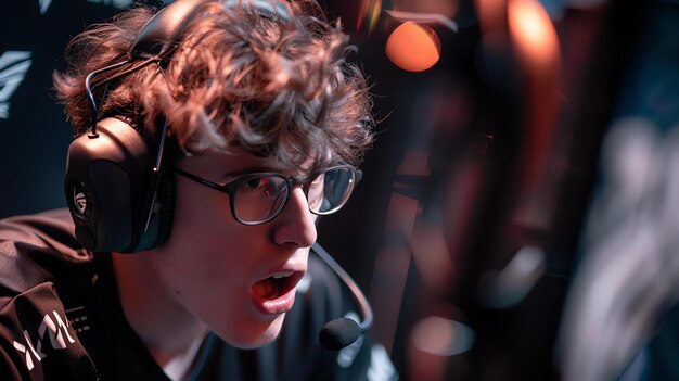 Photo portrait of a young male gamer with curly hair wearing headphones and glasses sitting in a dark room and looking at the computer screen with an excit